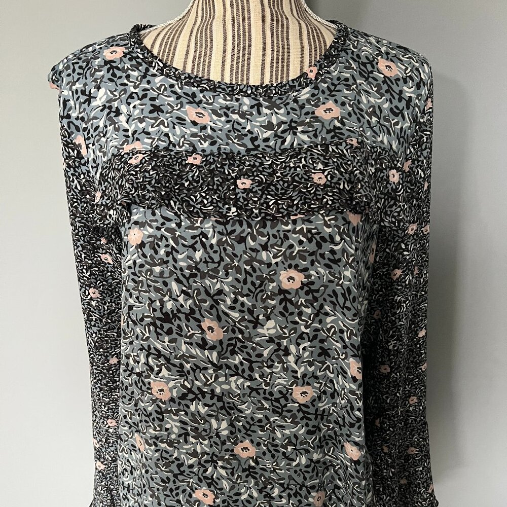 LOFT Blue Floral Mixed Media Long Sleeve Ruffle Blouse Top Shirt Med Button back